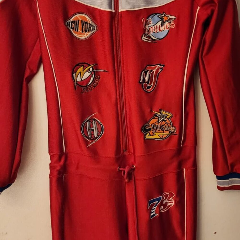 Women's Red Jumpsuit with Embroidered Basketball Team Logos